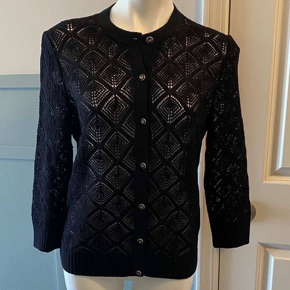 St. John Black Openwork Knit Button-Front Cardigan